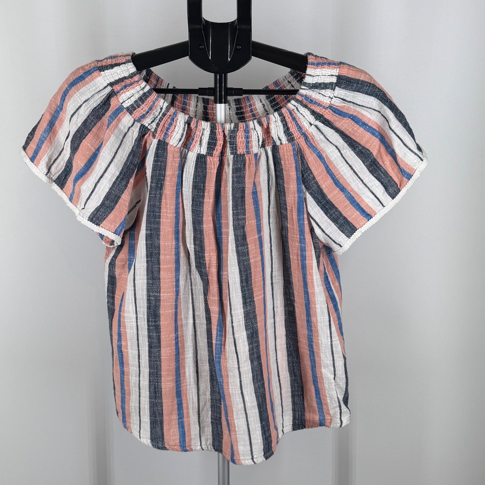 EST. 1946 Women Striped Off The Shoulder Smocked Blouse Coral Blue Size M